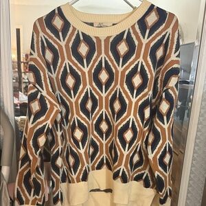 Diamond Pattern Crew Neck Sweater - Black, Brown, and Cream